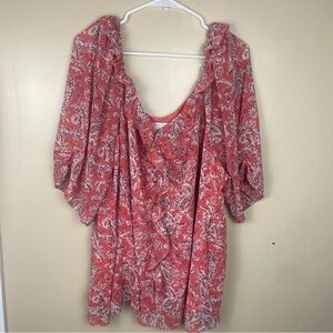 NWOT Cato Coral Floral Paisley Ruffle Trim Lined Chiffon Sheer Sleeve Blouse